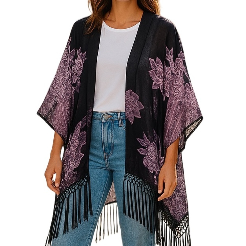 Johnny Was DARK ROSE Sheer Fringed SILK Kimono wrap One Size RARE